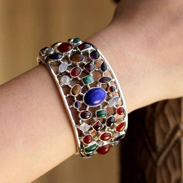 Alternate image for Gemstone Cuff Bracelet in Sterling Silver from India Shimmering Confetti