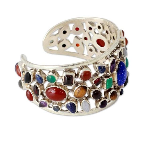 Alternate image for Gemstone Cuff Bracelet in Sterling Silver from India Shimmering Confetti