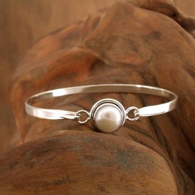 Main image for Handcrafted Indian Sterling Silver Bangle Pearl Bracelet Aesthetic Moon