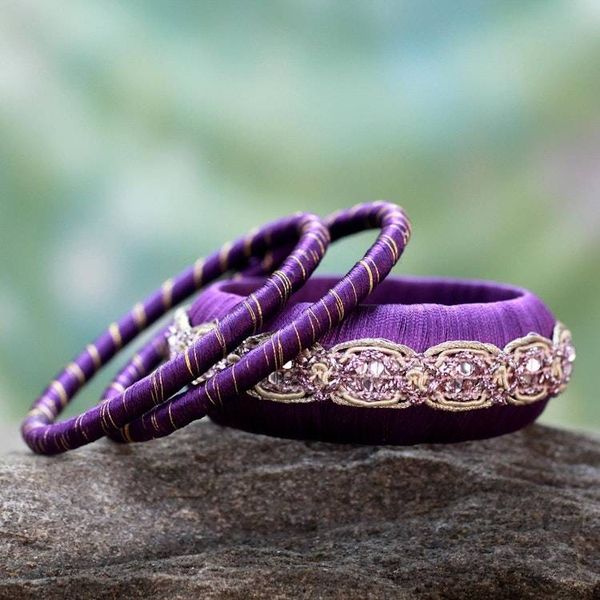 Alternate image for Beaded Artisan Crafted Bangle Bracelets Set of 3 Royal Purple
