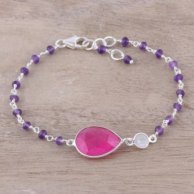 Alternate image for Multi-Gemstone Link Pendant Bracelet in Pink from India Colorful Elegance in Pink