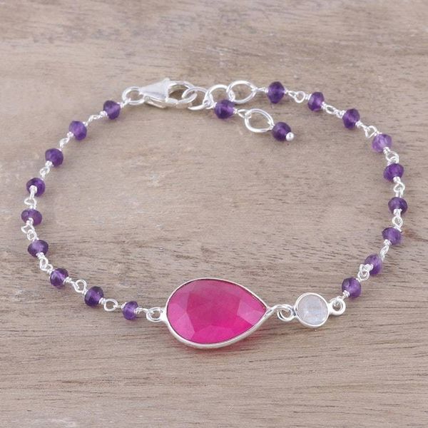 Alternate image for Multi-Gemstone Link Pendant Bracelet in Pink from India Colorful Elegance in Pink