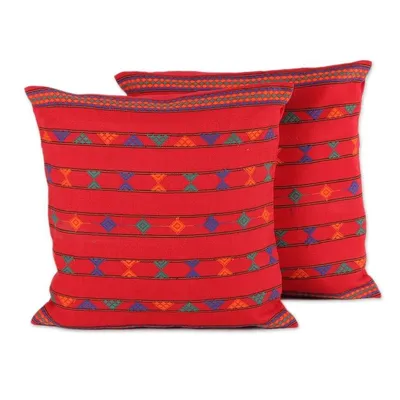 Alternate image for Cotton Embroidered Cushion Covers Pair Desert Ruby