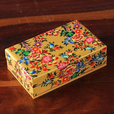 Alternate image for Floral Hand-Painted Yellow Papier Mache Decorative Box Golden Scenes