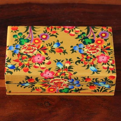 Alternate image for Floral Hand-Painted Yellow Papier Mache Decorative Box Golden Scenes