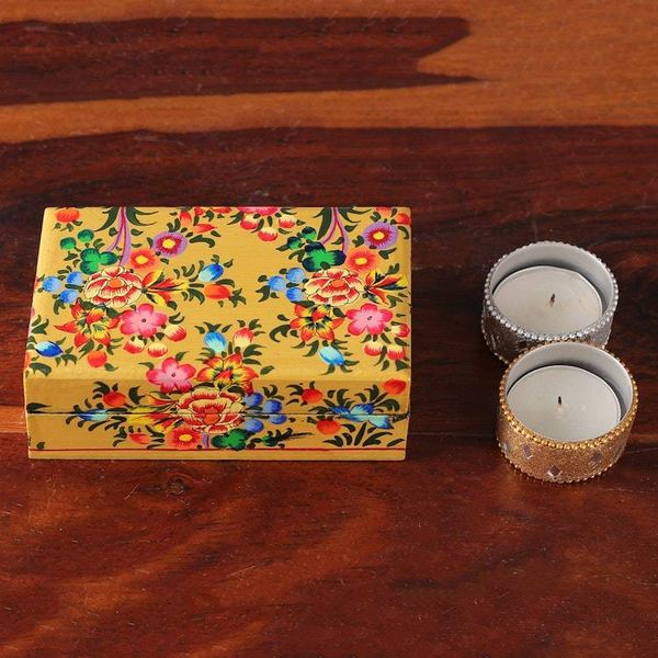 Alternate image for Floral Hand-Painted Yellow Papier Mache Decorative Box Golden Scenes