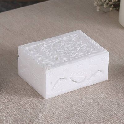 Alternate image for Floral Leaf Hand-Carved Rectangular Alabaster Decorative Box Glorious Blossom