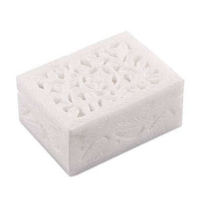 Alternate image for Floral Leaf Hand-Carved Rectangular Alabaster Decorative Box Glorious Blossom