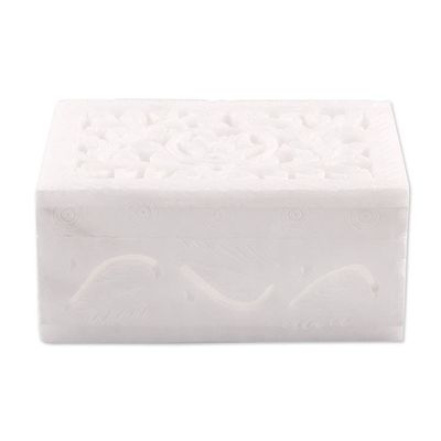 Alternate image for Floral Leaf Hand-Carved Rectangular Alabaster Decorative Box Glorious Blossom