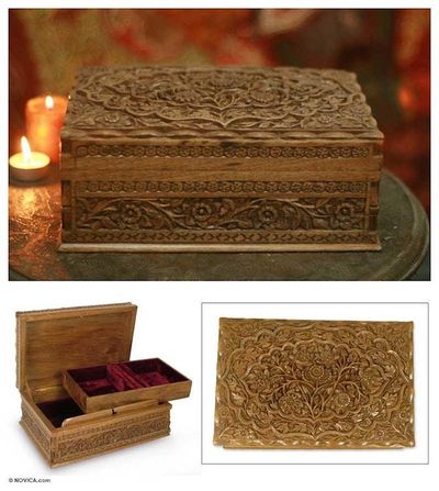 Primary image for Floral Carved Wood Jewelry Box Mystical Garden