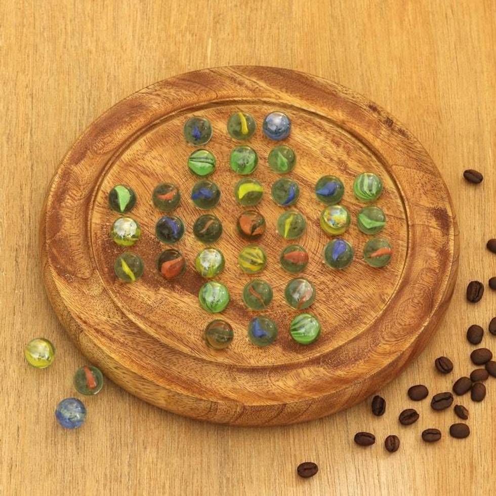 Hand Carved Mango Wood Solitaire Marble Board Game 'Game of Patience'