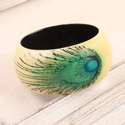 Primary image for Handcrafted Haldu Wood Peacock Feather Motif Bangle Bracelet Feather Glory
