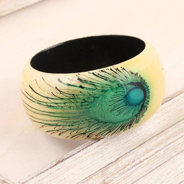 Alternate image for Handcrafted Haldu Wood Peacock Feather Motif Bangle Bracelet Feather Glory