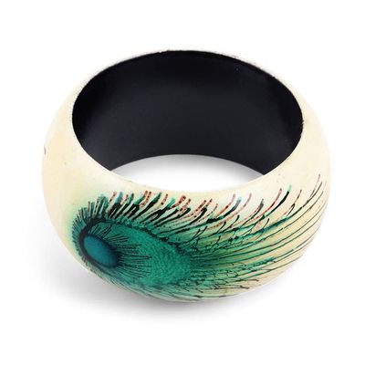Alternate image for Handcrafted Haldu Wood Peacock Feather Motif Bangle Bracelet Feather Glory