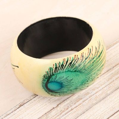 Alternate image for Handcrafted Haldu Wood Peacock Feather Motif Bangle Bracelet Feather Glory