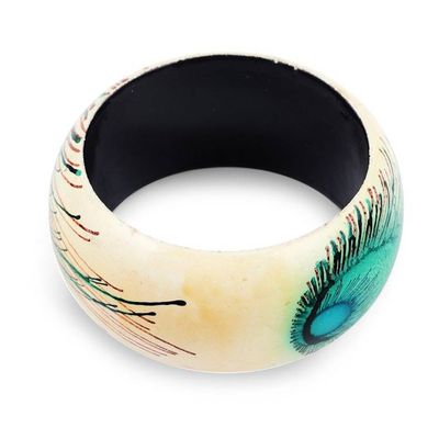 Alternate image for Handcrafted Haldu Wood Peacock Feather Motif Bangle Bracelet Feather Glory