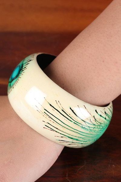 Alternate image for Handcrafted Haldu Wood Peacock Feather Motif Bangle Bracelet Feather Glory