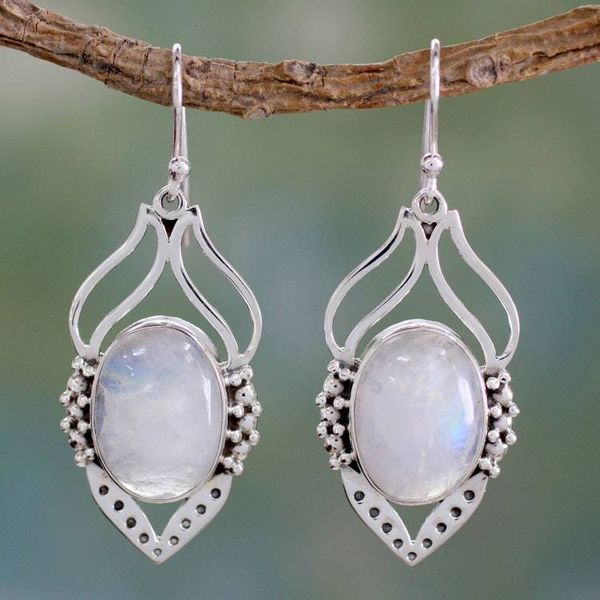 Alternate image for Rainbow Moonstone Jewelry Indian Sterling Silver Earrings Passion Leaf