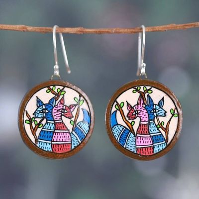 Alternate image for Round Deer-Themed Blue and Pink Ceramic Dangle Earrings Forest Duo
