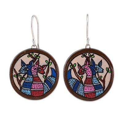 Alternate image for Round Deer-Themed Blue and Pink Ceramic Dangle Earrings Forest Duo