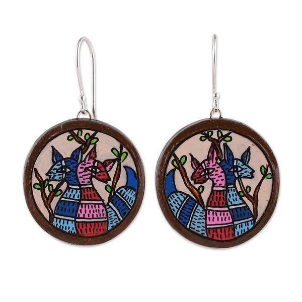 Alternate image for Round Deer-Themed Blue and Pink Ceramic Dangle Earrings Forest Duo