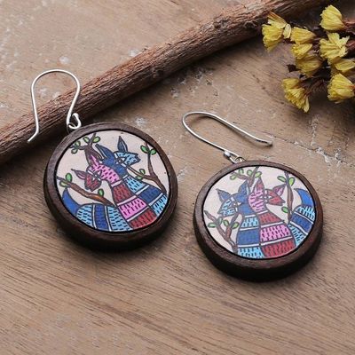 Alternate image for Round Deer-Themed Blue and Pink Ceramic Dangle Earrings Forest Duo