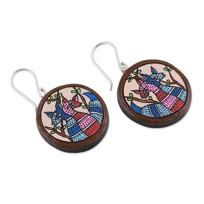 Alternate image for Round Deer-Themed Blue and Pink Ceramic Dangle Earrings Forest Duo