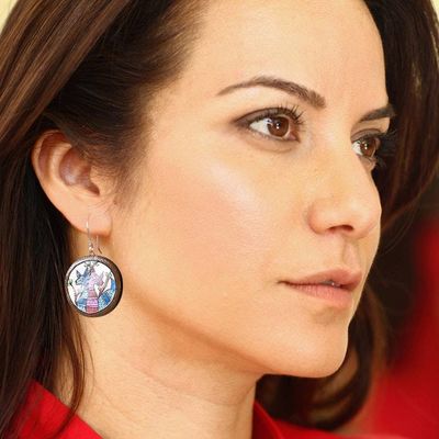 Alternate image for Round Deer-Themed Blue and Pink Ceramic Dangle Earrings Forest Duo