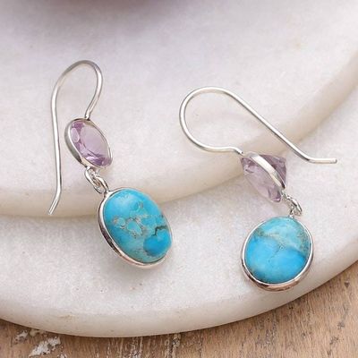 Alternate image for Two-Carat Amethyst and Recon Turquoise Dangle Earrings Harmonious  Wise