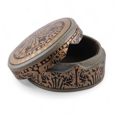 Alternate image for Leaf-Themed Round Papier Mache and Wood Decorative Box Kashmir Spectacle