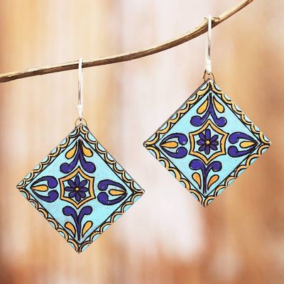 Alternate image for Hand-Painted Geometric Floral Blue Ceramic Dangle Earrings Serene Kaleidoscope