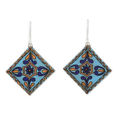 Alternate image for Hand-Painted Geometric Floral Blue Ceramic Dangle Earrings Serene Kaleidoscope