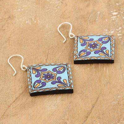 Alternate image for Hand-Painted Geometric Floral Blue Ceramic Dangle Earrings Serene Kaleidoscope