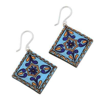 Alternate image for Hand-Painted Geometric Floral Blue Ceramic Dangle Earrings Serene Kaleidoscope