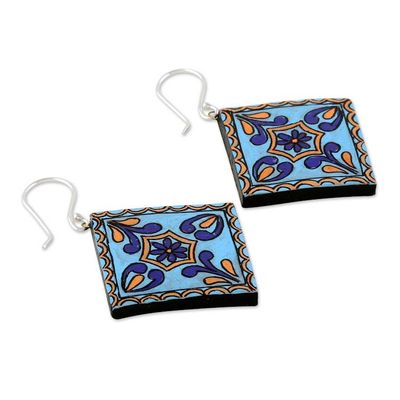 Alternate image for Hand-Painted Geometric Floral Blue Ceramic Dangle Earrings Serene Kaleidoscope