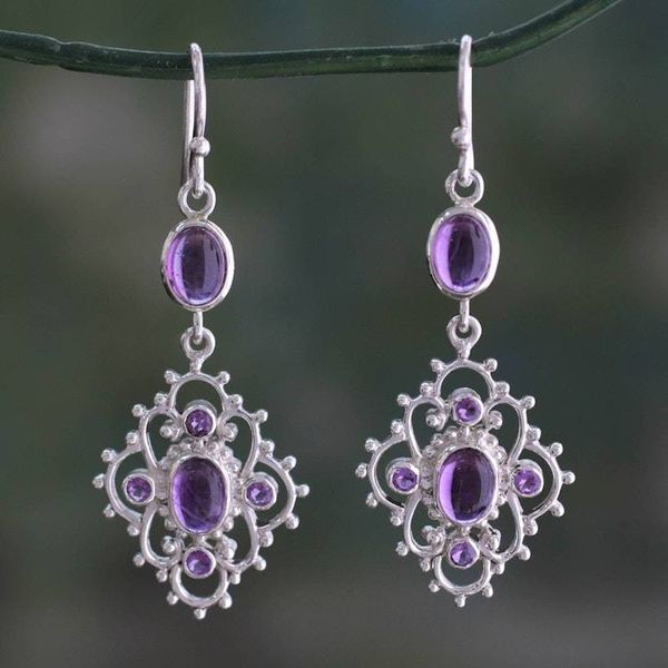 Alternate image for India Handcrafted Amethyst and Sterling Silver Jali Earrings Jaipuri Lace