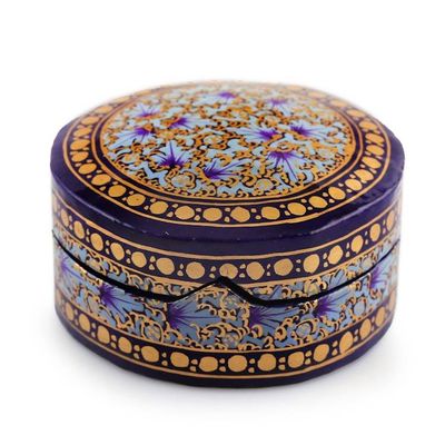 Alternate image for Floral Round Blue Gold-Hued Papier Mache Wood Decorative Box Valley Whispers