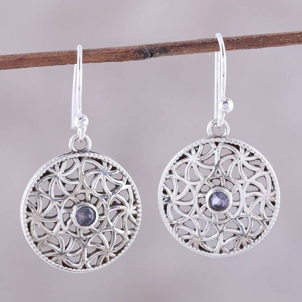 Iolite and Sterling Silver Dangle Earrings from India 'Circular Stars'