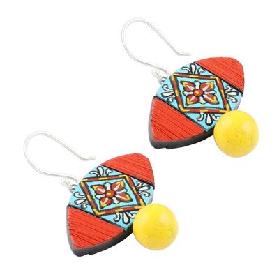 Alternate image for Double Fired Terracotta Clay Earrings with Floral Motif Floral Eye
