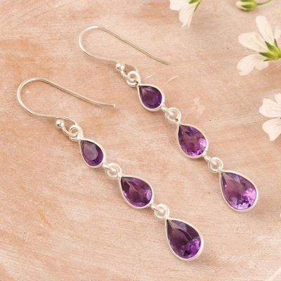 Alternate image for Artisan Crafted Amethyst Dangle Earrings from India Late Rain in Purple