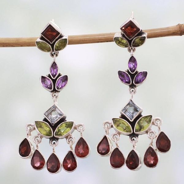 Alternate image for Indian Multi Gemstone Silver Chandelier Earrings Classic Radiance