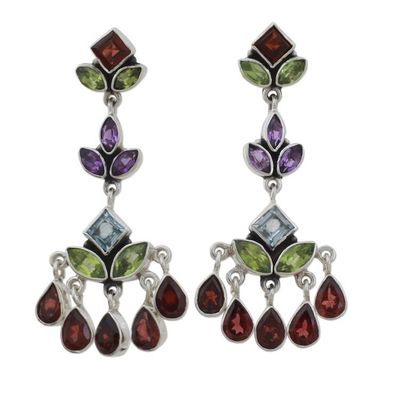 Alternate image for Indian Multi Gemstone Silver Chandelier Earrings Classic Radiance