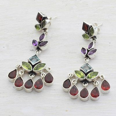 Alternate image for Indian Multi Gemstone Silver Chandelier Earrings Classic Radiance