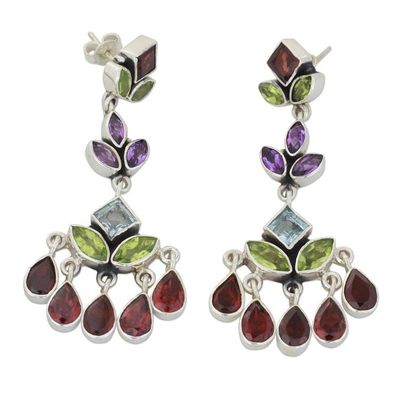 Alternate image for Indian Multi Gemstone Silver Chandelier Earrings Classic Radiance