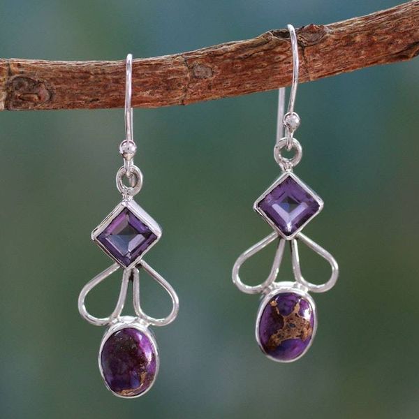 Alternate image for Amethyst Comp Turquoise and Silver Artisan Crafted Earrings Bollywood Purple