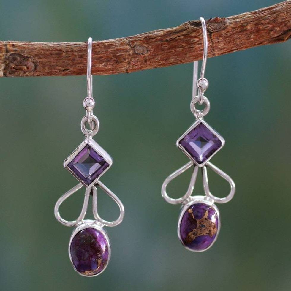 Amethyst Comp Turquoise and Silver Artisan Crafted Earrings 'Bollywood Purple'
