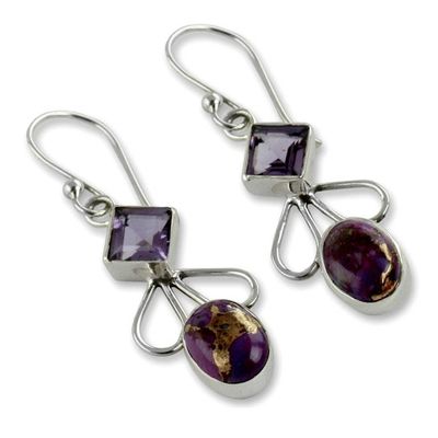 Alternate image for Amethyst Comp Turquoise and Silver Artisan Crafted Earrings Bollywood Purple