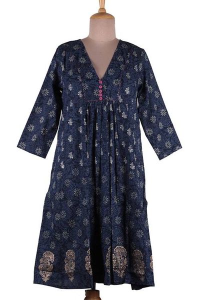 Alternate image for Cotton Tunic Dress with Hand Block-Printed Floral Leaf Theme Royal Blue Enchantment