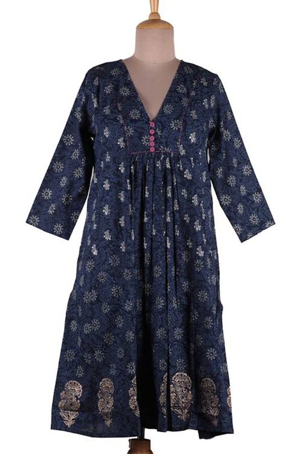 Alternate image for Cotton Tunic Dress with Hand Block-Printed Floral Leaf Theme Royal Blue Enchantment