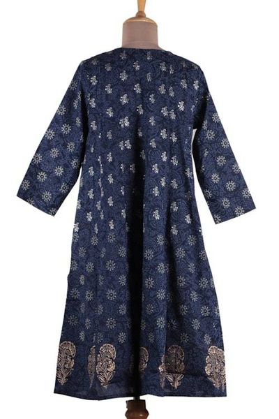 Alternate image for Cotton Tunic Dress with Hand Block-Printed Floral Leaf Theme Royal Blue Enchantment